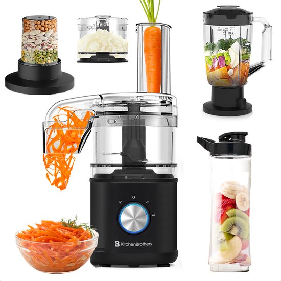 KitchenBrothers Küchenmaschine - Zerkleinerer - Gemüseschneider - 5-in-1 Multifunktionsmodell - Kompakte 0.5L Küchenmaschine - Zwiebelschneider - Schwarz