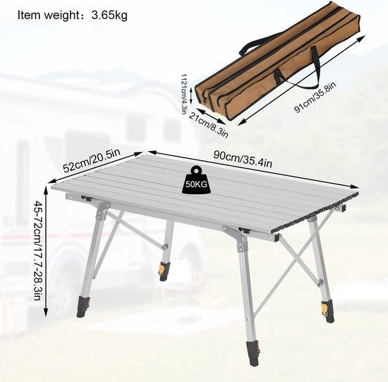 Rootz Campingtisch - Tragbarer Picknicktisch - Faltbare Oberfläche für draußen - Kompakter Reiseständer - Al Fresco Dining - Campingmöbel - Silber - 90x52.2cm