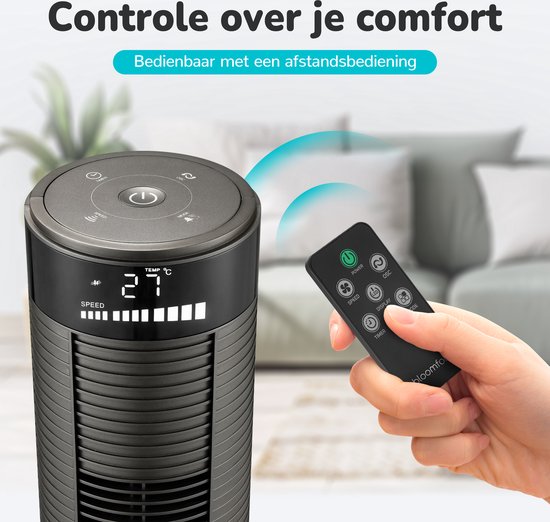 Bloomfold Turmventilator – 3 Geschwindigkeiten – 90° Oszillation – Mit Fernbedienung & Timer – 96 cm – Schwarz