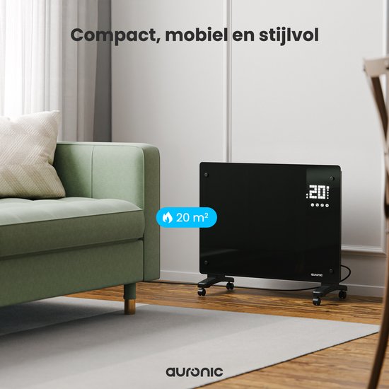 Auronic Elektroheizung - Mit Thermostat und Fernbedienung - Glasheizkörper - 1500W Heizleistung - Für Räume bis zu 20 m²- Schwarz