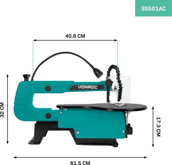 VONROC Figurensäge 120W - inkl. Fußpedal - LED-Arbeitsleuchte - Flexibles Staubgebläse - Inkl. 6 Sägeblätter