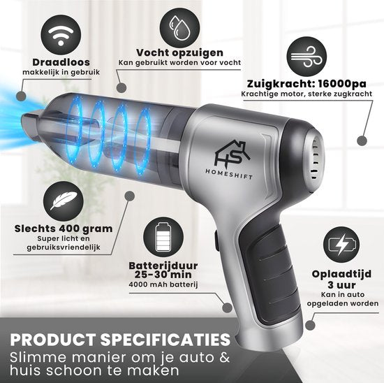 HomeShift® Autostaubsauger Cordless V2 PRO - Handstaubsauger - Kleiner Staubsauger - Kabelloser Staubsauger - Air Duster - Nass & Trocken - Metallisch