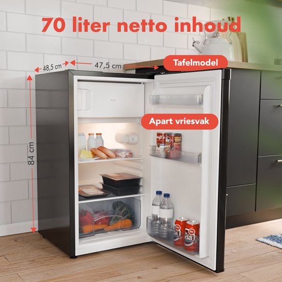 KitchenBrothers Kühlschrank - 81L - Tischkühlschrank mit Gefrierfach - Eisfach - Frigo - Freistehend - Schwarz