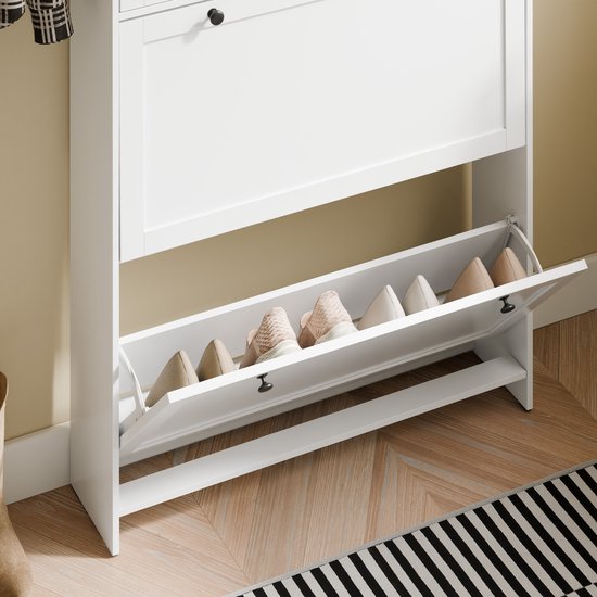 SoBuy - Schuhschrank mit 1 Schublade - 80 x 19 x 107 cm & mit 2 Kipptüren - ausgestattet mit Anti-Kipp-System und Silikonfüßen - für schmale Flure und Eingänge - weißes Mdf