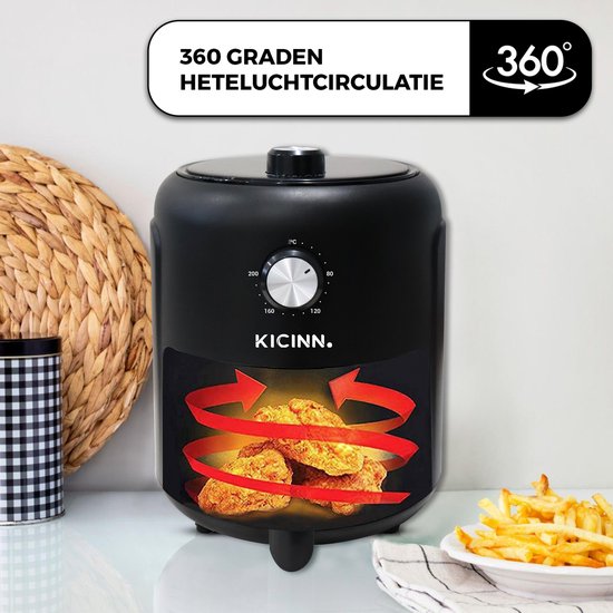 Kicinn Airfryer - Airfryer XL - Heißluftfritteuse - 3 Liter - 1000 Watt - Schwarz