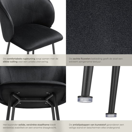 tectake® - 2er Set Barhocker Luana - Gepolsterter Barhocker mit Rückenlehne - Barhocker mit Fußstütze - Esszimmerstuhl mit Samtpolsterung - Stabile Stahlbeine mit rutschfestem Bodenschutz - Schwarz/schwarz