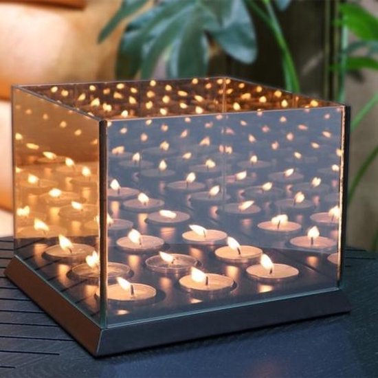 Liva Living Magic Cube - Stimmungslichthalter - 3 Kerzen - 20 x 9 x 15 cm - Mit getöntem Spiegelglas - Unendlichem Reflexionseffekt - Für Innen und Außen - Schwarzes Glas