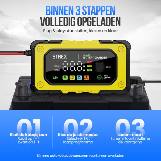 Strex 12V 7A Batterieladegerät - Tropf- und Schnellladegerät mit LCD-Anzeige - für Auto-, Motorrad-, Boots- und AGM/Blei-Batterien - Reparaturmodus