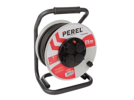 Perel Professional Kabeltrommel, Innen- und Außenbereich, spritzwassergeschützt (IP44), 4 Steckdosen mit Stifterdung, Verdrehsicherung, Thermoschutz, Kabellänge 25 m, 3G2,5, grau/schwarz
