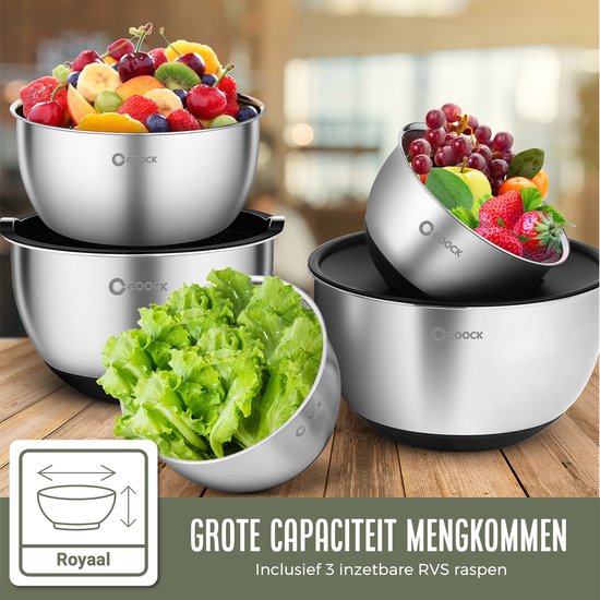COOCK Edelstahl Rührschüsselset mit Deckel - Bratschüsseln mit Deckel - Vorratsschüssel mit Reibe - Schüssel für Salate & Mischungen - 22-teiliges Set 1,5 bis 5 Liter - Inkl. Messlöffel