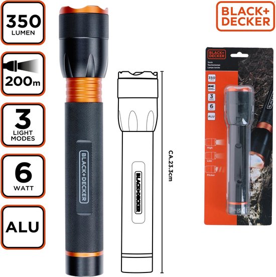 BLACK+DECKER LED-Taschenlampe - 350 Lumen - 6W - 200M Reichweite - 3 Lichtmodi: Hoch, Niedrig, Pulsierend - Schwarz/Orange