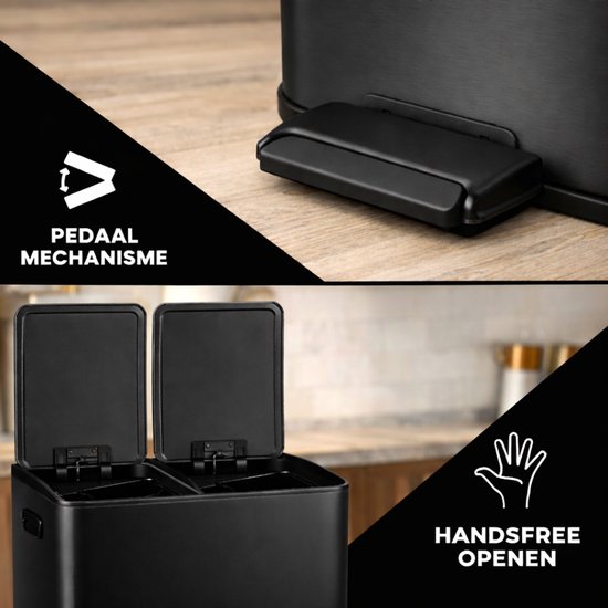 Bayt Mülleimer - Mülleimer 60 Liter (2x30) - Mülleimer 60 Liter - Treteimer 60 Liter - Mülleimer Mülltrennung - Mülleimer 2 Fächer - Mülleimer - Edelstahl - Schwarz