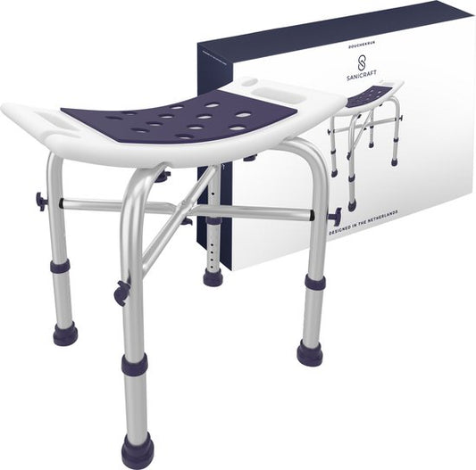Sanicraft® Duschhocker - Verstellbarer Duschhocker mit Sitzpolster - Griffe, Duschkopfhalterung & rutschfeste Beine - Edelstahl - 120kg Tragkraft