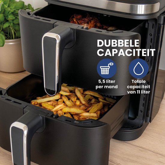 Nexxt - Double Stacked Airfryer - 11 l Fassungsvermögen - Schwarz & Edelstahl - 12 Garprogramme - Stacked Modell - Platzsparend & Doppelschublade