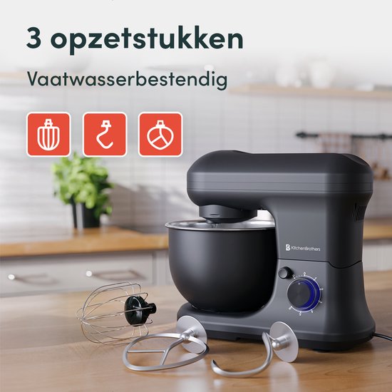 KitchenBrothers Küchenroboter - Küchenroboter - 5L - Mixer mit Rührschüssel - Küchenmixer - 1200W - Mattschwarz