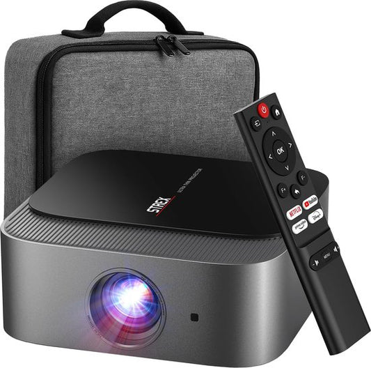Strex Beamer - Smart 1080P Full HD Projektor - 4K Unterstützung - WiFi & Bluetooth - Eingebaute Lautsprecher - Tragbarer Mini Beamer Heimkino - WhaleOS - Inklusive Aufbewahrungstasche