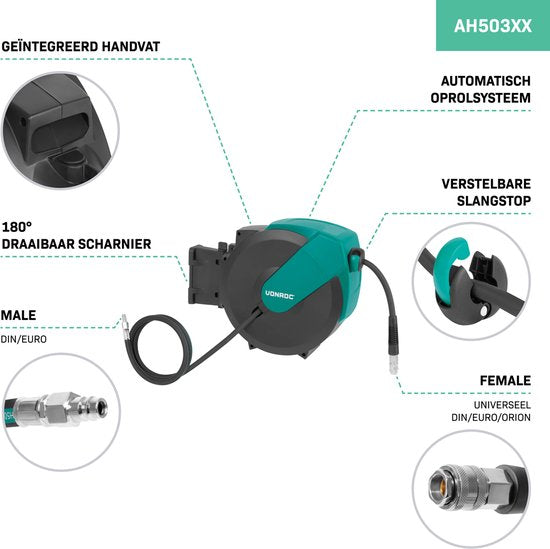 VONROC PRO Automatik-Luftschlauchaufroller - Luftaufroller - Inkl. 15 Meter Luftschlauch, 1 Meter Versorgungsschlauch und Wandbefestigungskit - 17 bar/250 PSI - Universal EURO/DIN 7,2mm Kupplung