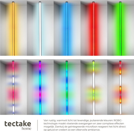 tectake® Smart LED Stehleuchte Spectra - Eckleuchte mit 16 Millionen Farben - 200 Lichteffekte - Smart Stehleuchte - 145 cm - dimmbar - Steuerung per App, Fernbedienung, Knopf und Stimme - Stehleuchte für das Wohnzimmer - Atmosphere Lighting