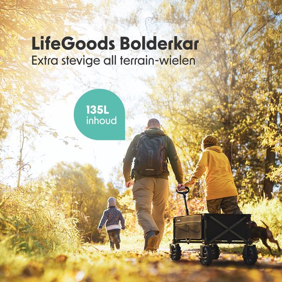 LifeGoods Wagon - faltbar - 100KG - 135L - zusammenklappbarer Wagon mit abnehmbaren Rädern - Schutzhülle - Schwarz