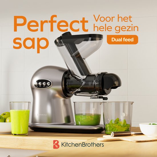KitchenBrothers Slowjuicer XL - Entsafter - Gemüse- und Obstpresse - 43 mm und 70 mm Einfüllöffnung - 500 ml - Grau