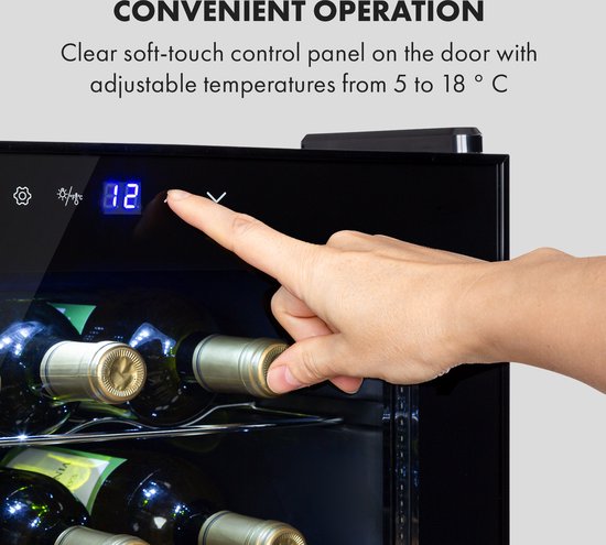 Klarstein Shiraz 28 Uno Weinkühlschrank – 74 Liter – Platz für 28 Flaschen – mit Touch-Bedienung – Temperaturbereich 5–18 °C – Schwarz