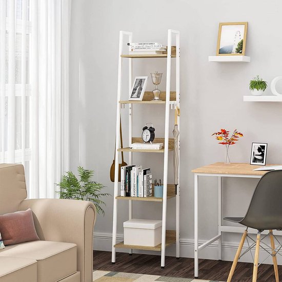 Woltu Leiterregal – 40 x 170 x 36 cm – 5 Etagen – mit Haken – Weiß