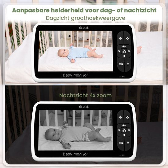 Saaf Babyphone - Inkl. Kamera und Monitor - Steuerbar/neigbar - Sprechfunktion - 5" Bildschirm