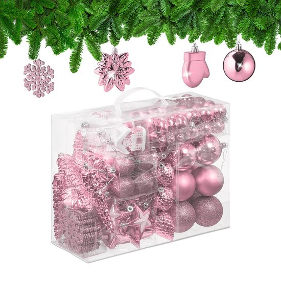 Weihnachtskugeln 100er Set - Kunststoff - matt - glänzend - glitzernd - 10 Motive - rosa