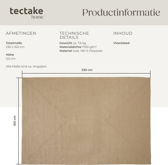 tectake® Flechtteppich - Boho-Stil - Juteteppich für den Innenbereich - Langlebig, pflegeleicht, formbeständig und allergikerfreundlich - Vintage-Teppich - Div. Größen - 160x230 cm