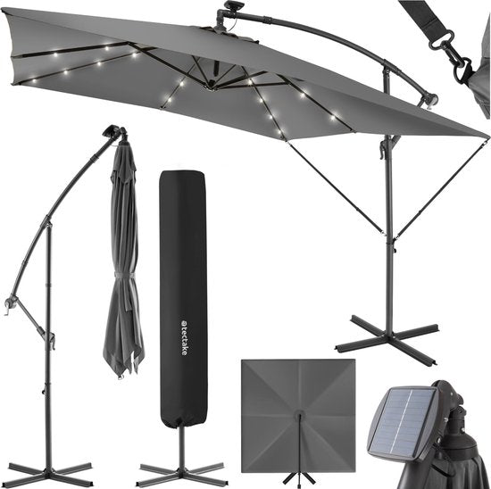 tectake Rechteckiger Sonnenschirm - Mit Solar-LED-Beleuchtung - Inkl. Schutzhülle - Schwebender Sonnenschirm - Sonnenschutz Terrasse, Garten - Balkon Sonnenschirm - Großer Sonnenschirm - 250x300cm - Grau