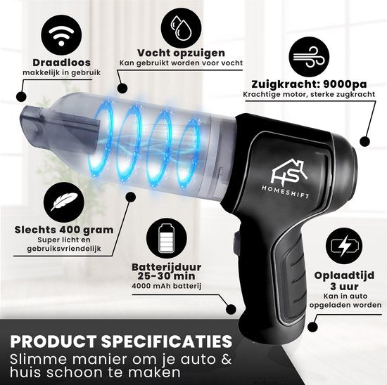 HomeShift® Autostaubsauger Cordless V2 - Krümelsauger - Handstaubsauger - Kleinstaubsauger - Schnurloser Staubsauger - Air Duster - Nass & Trocken - Schwarz