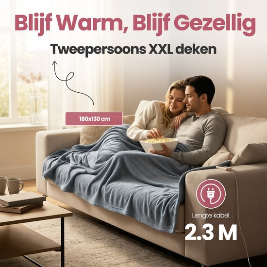 STAUS&BACH Heizdecke XXL - 2 Personen Oberdecke - Doppelseitige Fleece Sherpa Wärmedecke - Grau Blau - 180x130 cm PowerNap