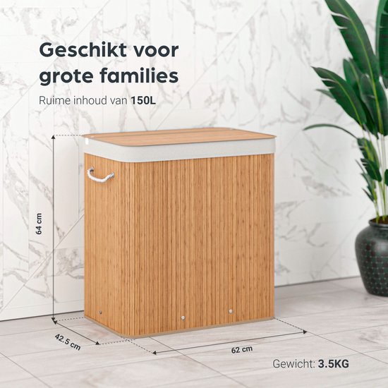 Organess Wäschekorb 3 Fächer - Wäschesortierer - Wäschekorb mit Deckel - faltbar - 150L - Bambus