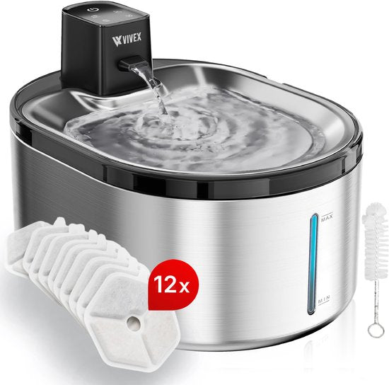 Vivex® Kabelloser Trinkbrunnen - Edelstahl - 4,5 Liter - Trinkbrunnen für Katzen und Hunde - Mit Sensor und Batterie - Inkl. 12 Filter und Reinigungswerkzeug - Flüsterleise - Extra Filter