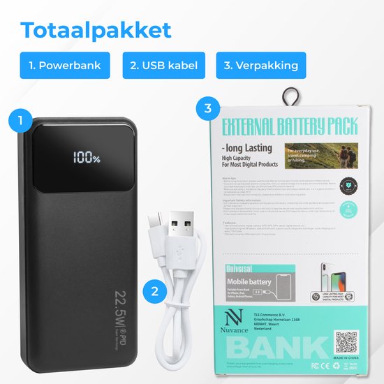 Nuvance - Powerbank 20000 mAh - 22,5 W Schnellladefunktion - USB, USB-C & Micro USB - Universal für Smartphones, Tablets & Gadgets - Reise-Powerbanks - Schwarz
