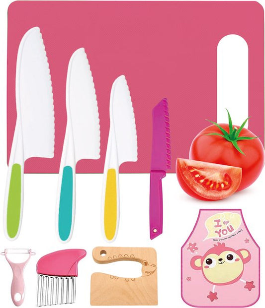 Qwali XL Montessori Kindermesserset - 9-teilig - inkl. Schneidebrett und Schürze - Sicher - Kochen - Besteck Messer - Messer für Kinder - Küchenmesser
