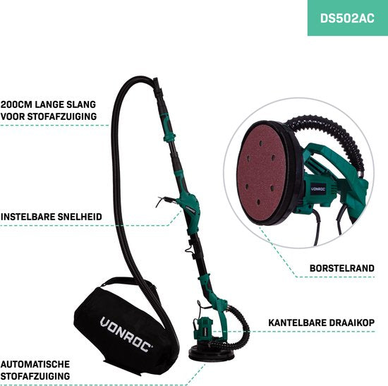 VONROC Teleskop-Deckenschleifer - 1050W - Ø225MM - Ideal für Decke und Wand
