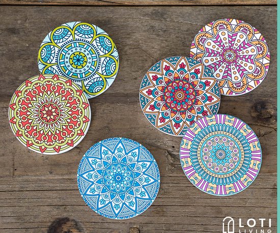 Loti Living Untersetzer mit Halter - Untersetzer Design - Untersetzer Kork - Untersetzer Set - Untersetzer für Gläser - 6 Stück - Mandala Design