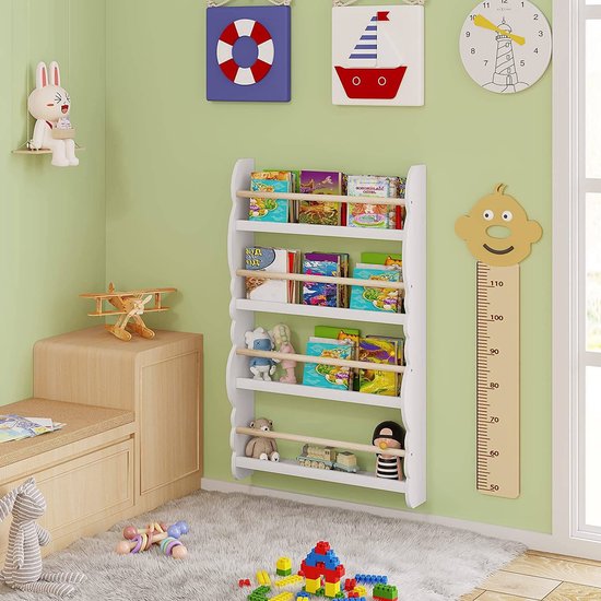 Woltu Kinder-Wandbuchregal 98x60x14,5 cm Grün oder Weiß mit Eichenoptik - Montessori-Aufbewahrungsregal für das Kinderzimmer