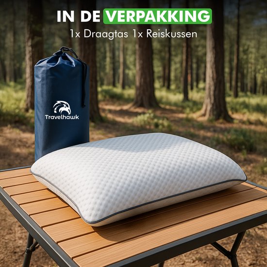 Travelhawk Reisekissen - Camping-Kissen - Nackenkissen - Mini-Kissen - Memory Foam - Inklusive Aufbewahrungsbeutel - Kompakt & Atmungsaktiv - 55x36x11cm