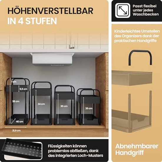 HELDENWERK Spülenregal für Spülenunterschrank, höhenverstellbar mit 2 Ebenen in schwarz, Küchenorganizer, Unterschrank, Gewürzregal, Spülenunterschrank-Organizer
