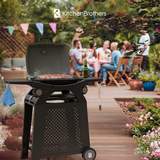 KitchenBrothers Gas BBQ - Steh- und Tischgrill - Tischgrill - Antihaft - 37x48 cm Grillfläche - Schwarz