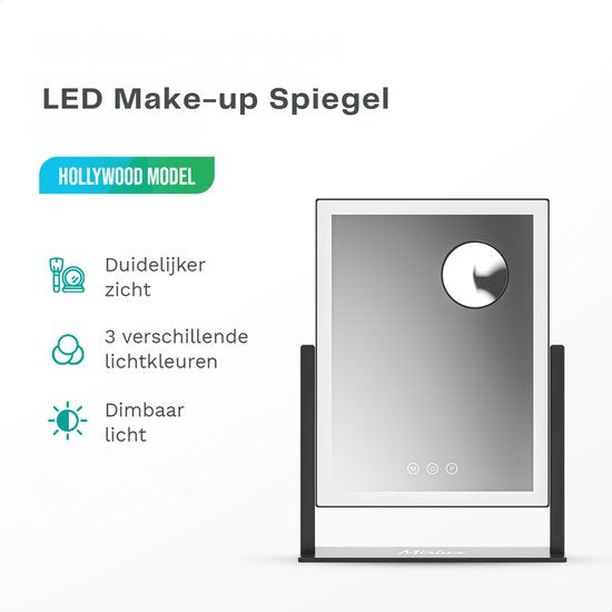 Mirlux Hollywood Schminkspiegel - 44x30 cm - LED Beleuchtung - 3 Lichtmodi - 5x Vergrößerung - Weiß