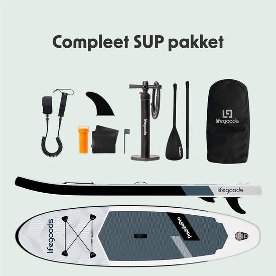 LifeGoods SUP Board All-round Compact - 100 KG Belastbarkeit - 300 x 76 cm - Aufblasbar - SUP-Komplettpaket - Weiß/Schwarz