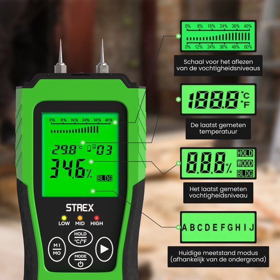 Strex Feuchtigkeitsmessgerät digital - für Holz / Baumaterialien (einschließlich Stein, Gips & Beton) - LCD-Display - Feuchtigkeitsmessgerät - Feuchtemessgerät Wände - inkl. Batterien & Aufbewahrungskoffer