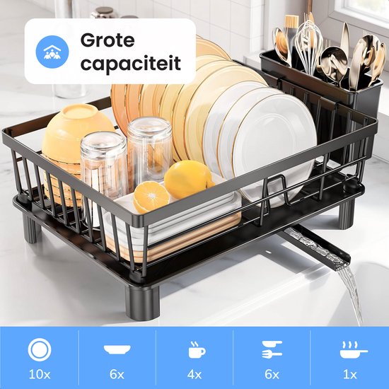 Luft Abtropfgestell mit Tropfschale - Geschirrspüler - Abtropfgestell für Geschirr - Schwarz - Tropfmatte - Ideal für Küche & Camping - Edelstahl