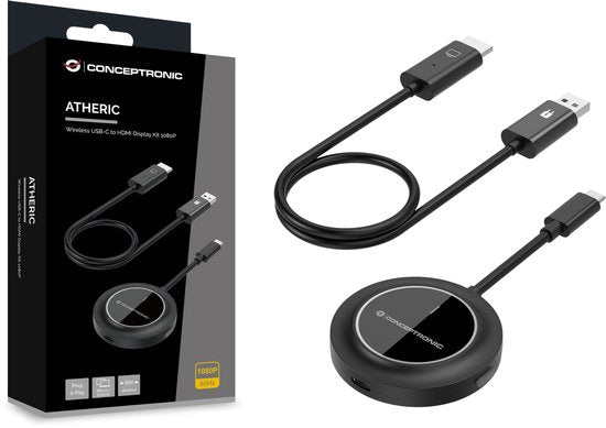 Conceptronic ATHERIC01B – Drahtloser Bildschirmadapter – Drahtloses USB-C-zu-HDMI-Bildschirm-Set 1080p – HDMI/USB – Full-HD-Dongle