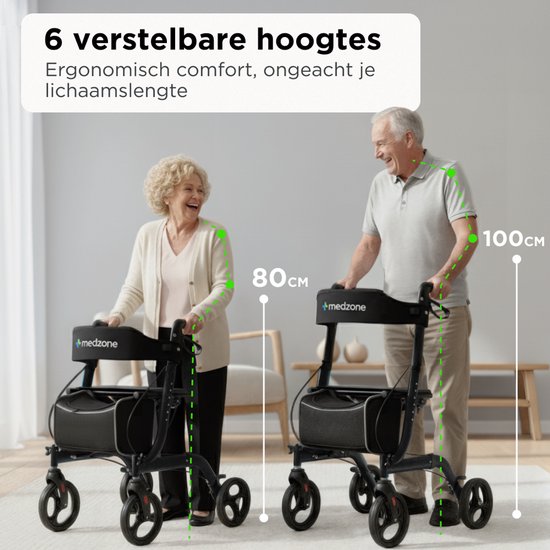 Medzone Rollator leicht und faltbar - für drinnen und draußen - Sitzfunktion - Rückenlehne und Gehstockhalterung - Schwarz