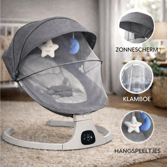 Oemmie Elektrischer Schaukelstuhl - Babyschaukel - Schaukelstuhl Baby - Babywippe - Inklusive Bluetooth-Funktion und Fernbedienung - 5 Schaukelpositionen - Grau