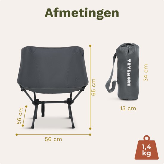 TRVLMORE Campingstuhl - faltbar - 100KG Tragkraft - Inkl. Tragetasche - Klappstuhl - Angelstuhl - Campingstuhl - Klappstuhl - Grau